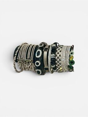 Vintage Rhinestone Bangle Bracelet Stack Silver Black Statement Multi Strand Lot
